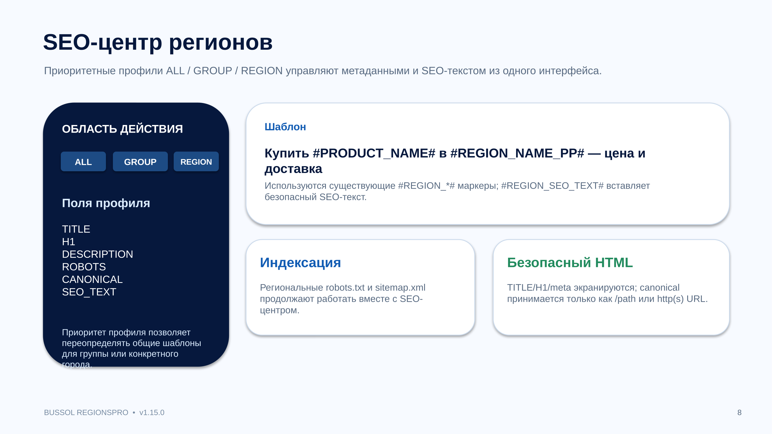 Bussol RegionsPro — мультирегиональная коммерческая платформа: цены, склады, SEO и GeoIP 9
